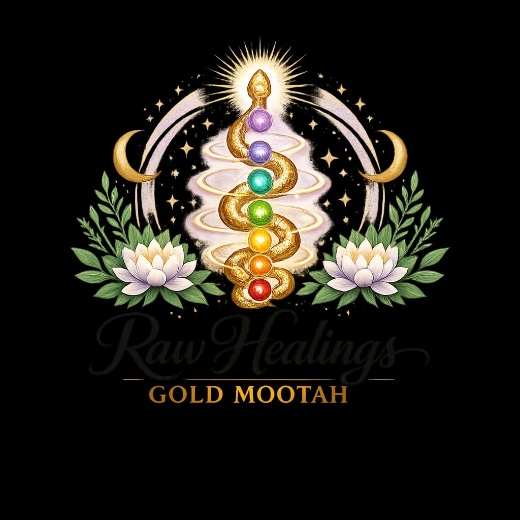 Raw Healings Gold Mootah logo featuring kundalini serpent chakra energy, celestial healing elements, and natural wellness botanicals on a gold background in sage green, lavender, and black.