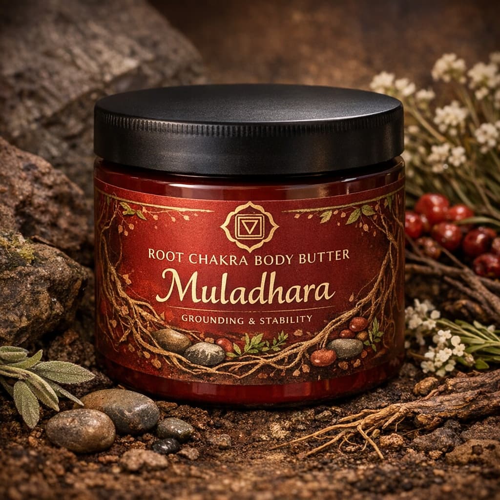 Root Chakra Body Butter labeled 'Muladhara' with deep red and earthy design elements.