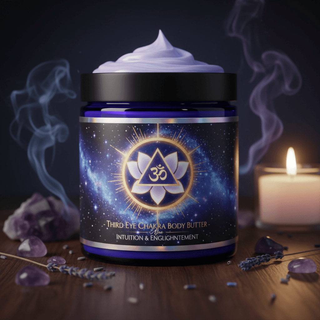 Third Eye Chakra body butter jar with lavender cream, amethyst crystals, and a lit candle.