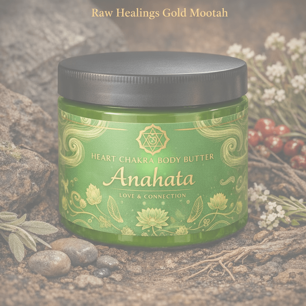 Green Anahata Heart Chakra Body Butter jar surrounded by earthy rocks, roots, and white flowers.