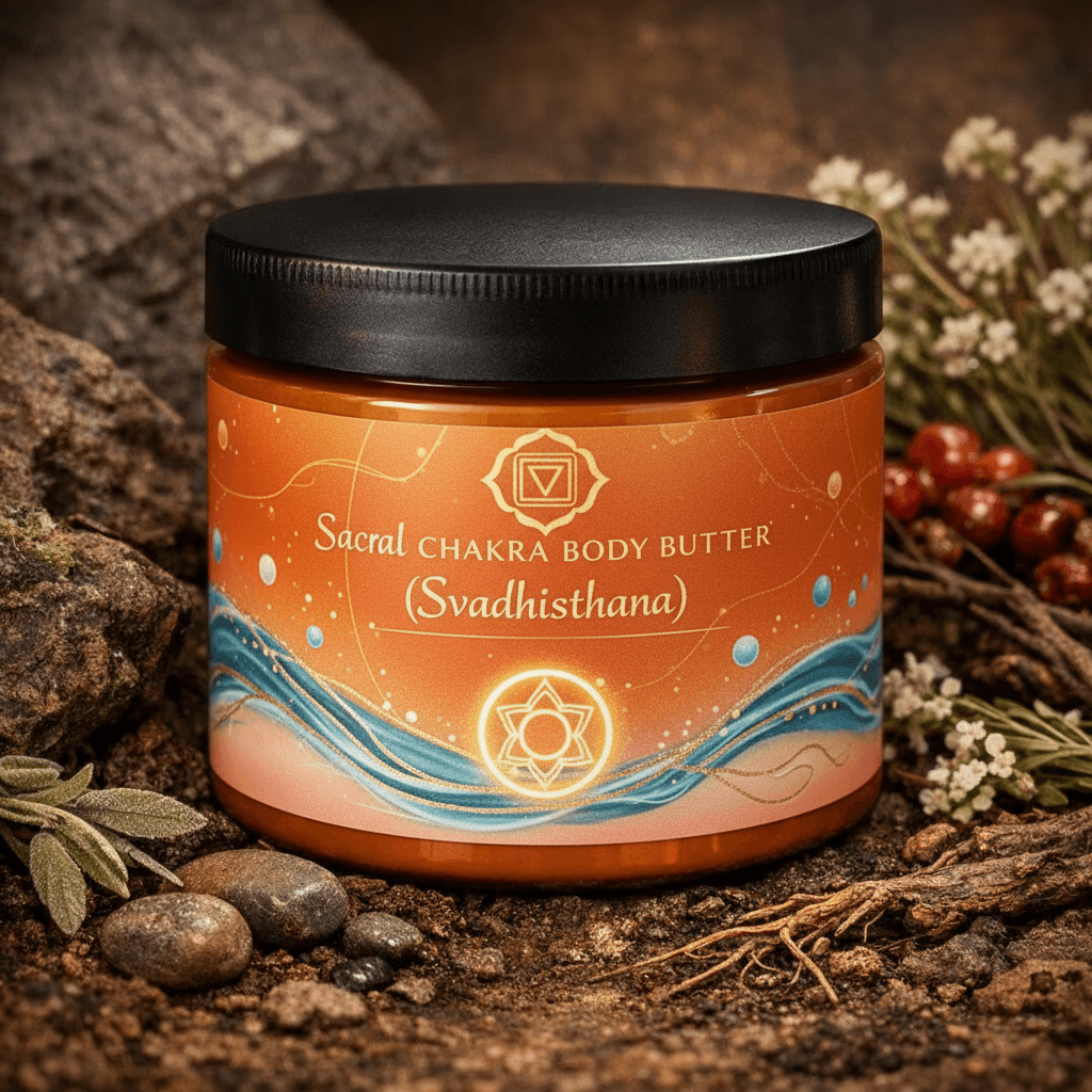 Orange Sacral Chakra Body Butter jar surrounded by rocks, roots, and small white flowers.