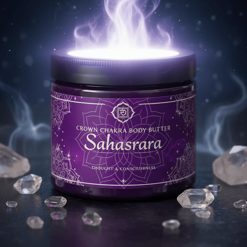 Purple Sahasrara body butter jar glowing with white light, surrounded by scattered clear quartz crystals.