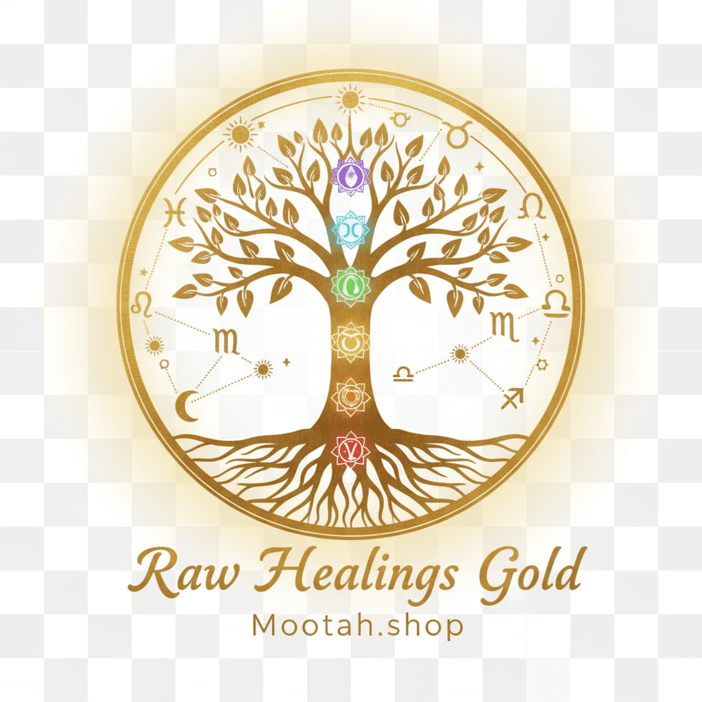 Golden tree of life with seven chakras and zodiac symbols for Raw Healings Gold.