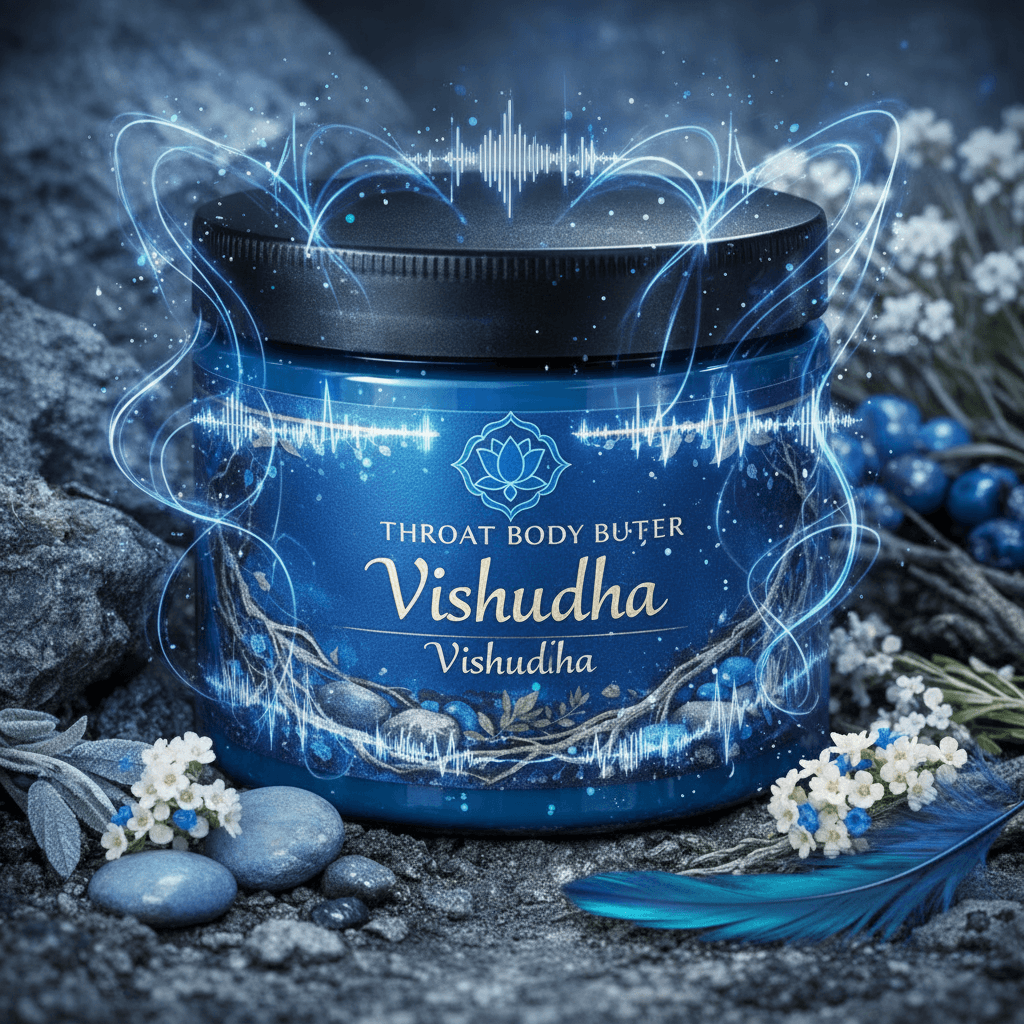 Vishudha throat body butter jar with glowing blue energy swirls and sound wave patterns.