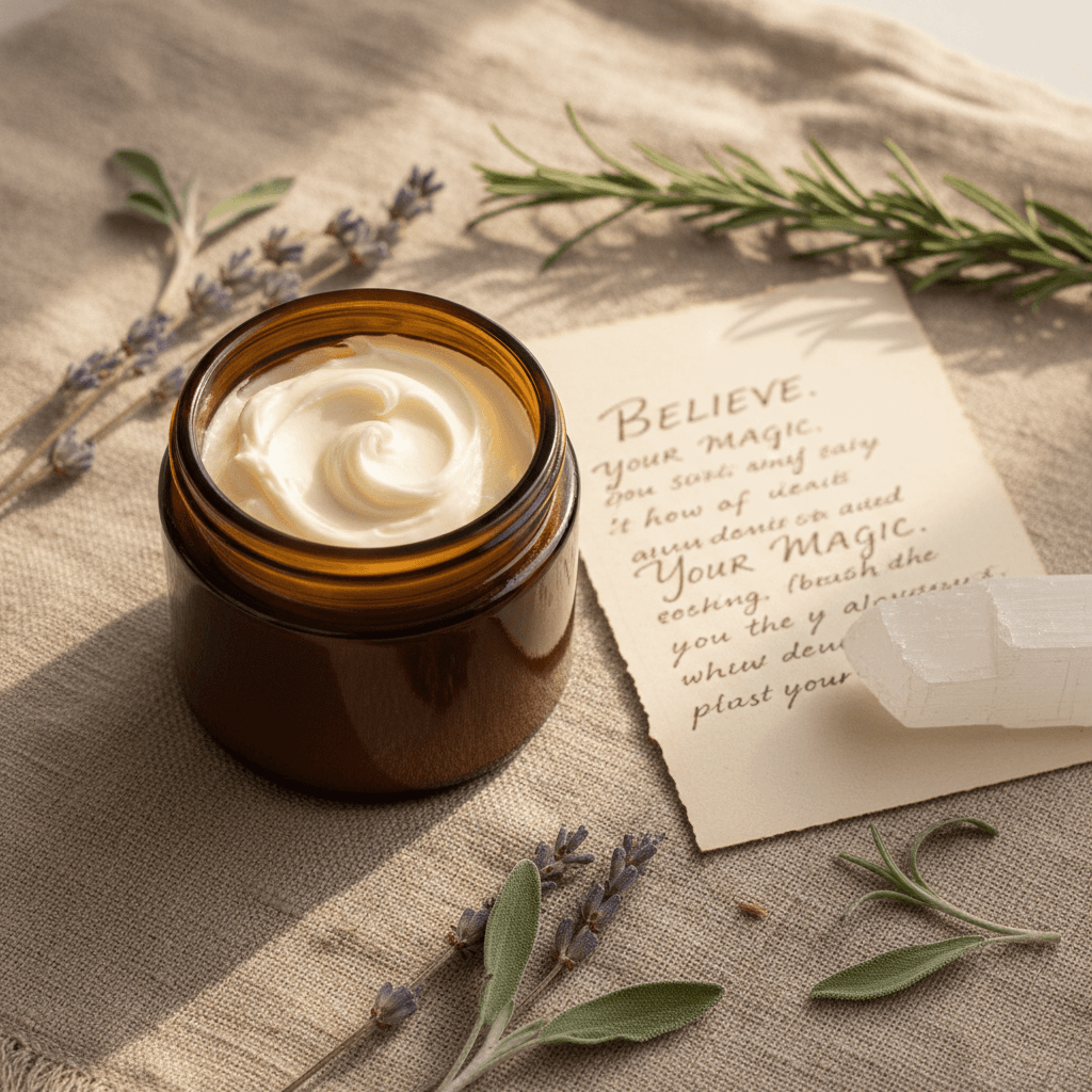 Root chakra body butter with personalized affirmation card for chakra balancing