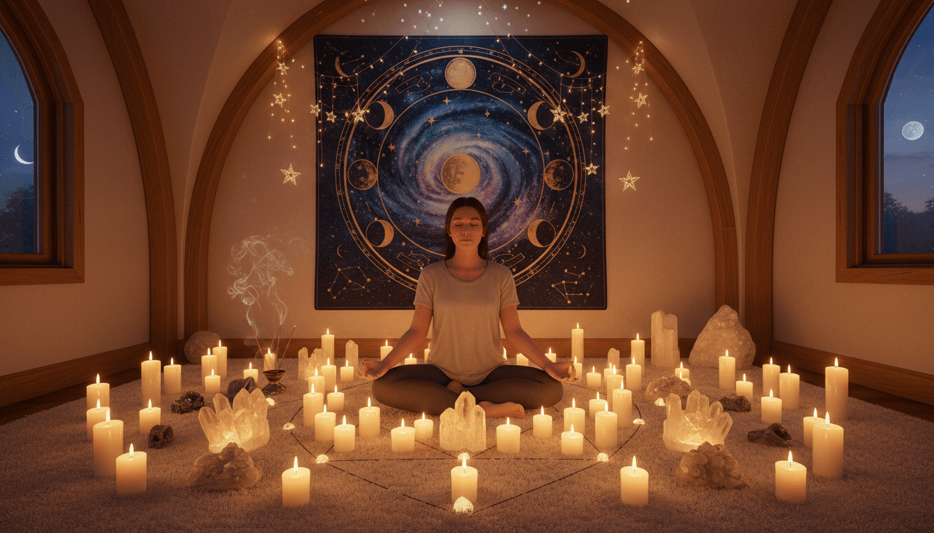 Woman meditating in a serene space with candles, crystals, and celestial decor