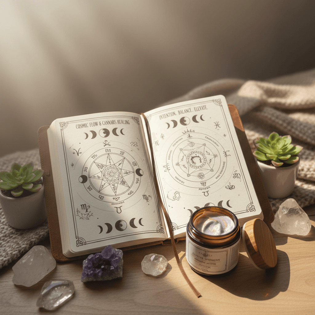 Journal and body butter in a serene Cannabis Astrology course setup