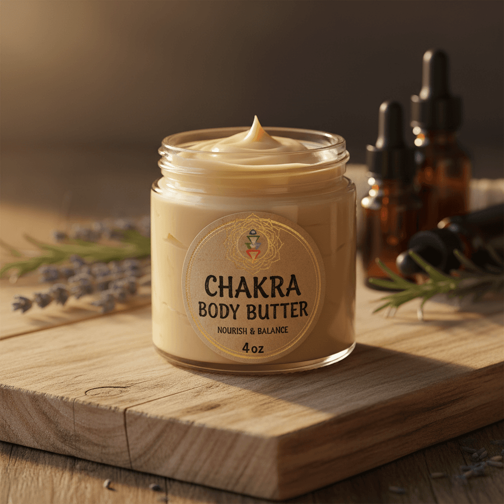 Handcrafted chakra body butter jar in natural light