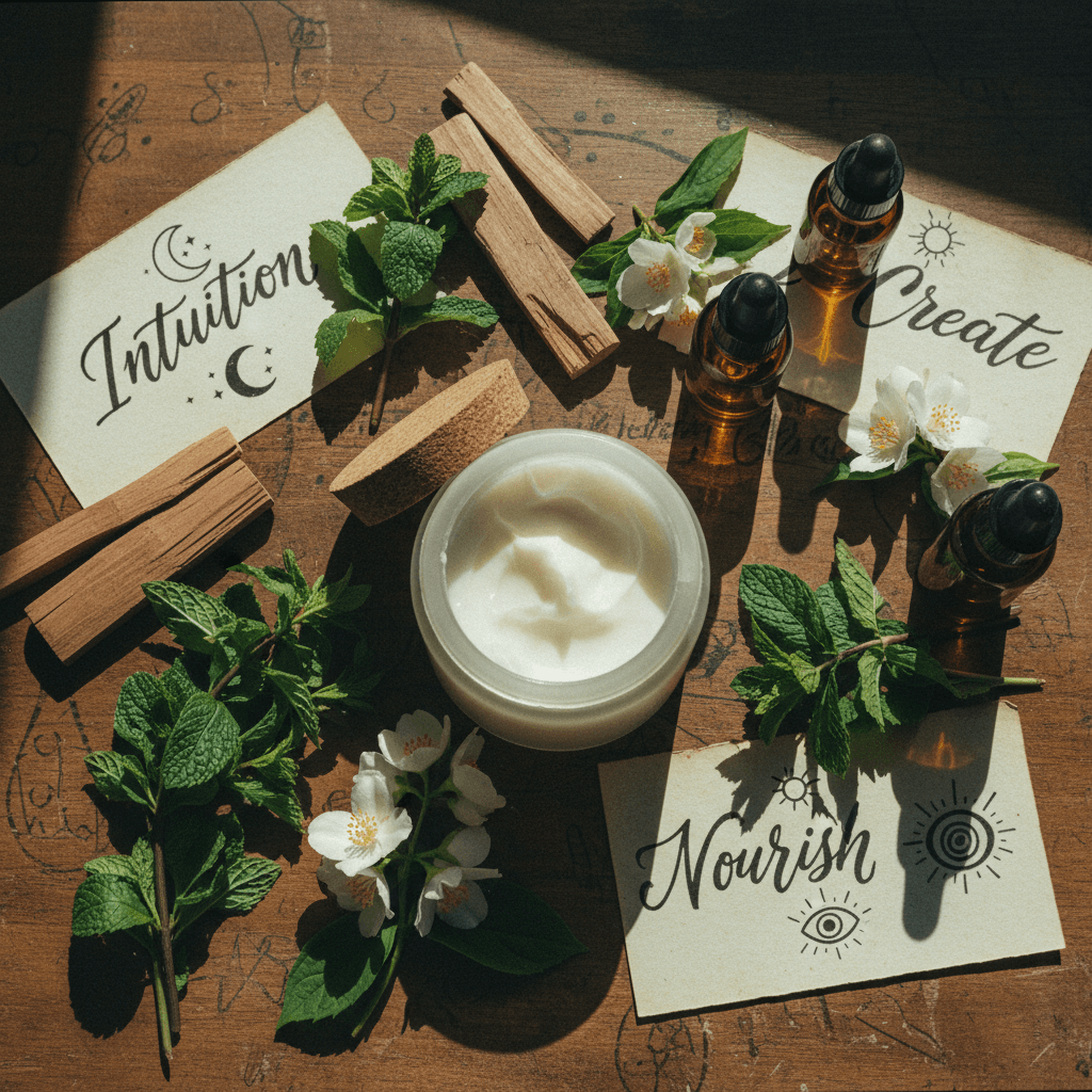 Artisanal workspace showing body butter creation with essential oils and affirmation cards
