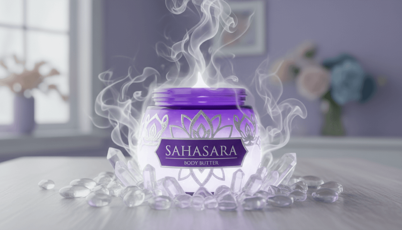 Purple Sahasrara body butter jar glowing with light and smoke, surrounded by clear crystals.