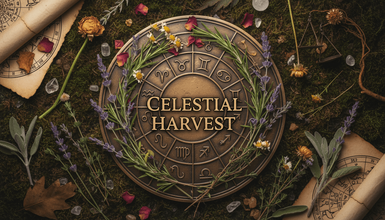 Zodiac wheel with constellation symbols and dried botanical herbs