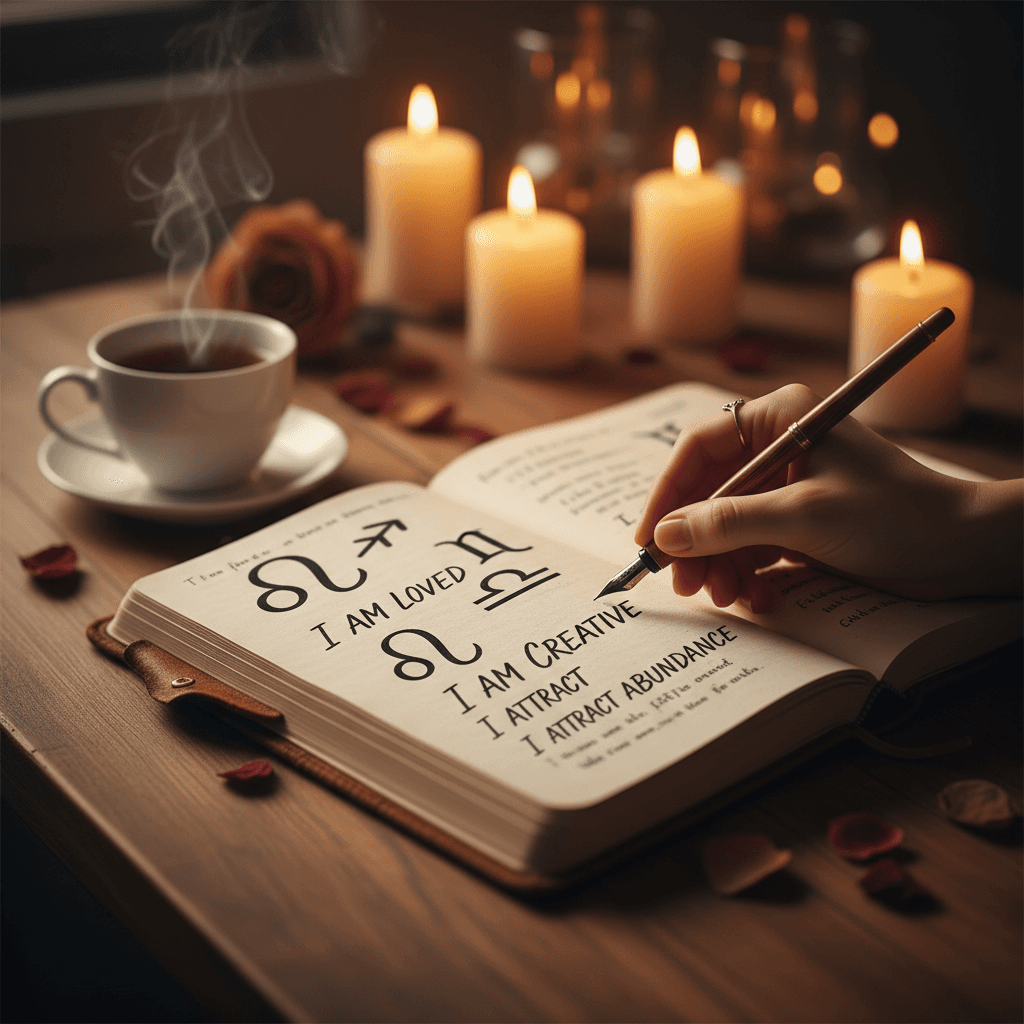 Person writing affirmations in journal by candlelight