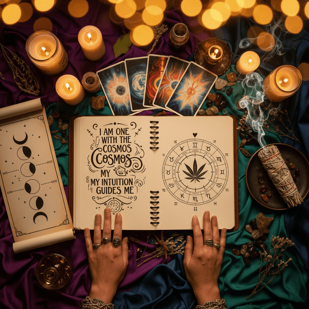 Cannabis Astrology course materials with affirmations and cosmic symbols
