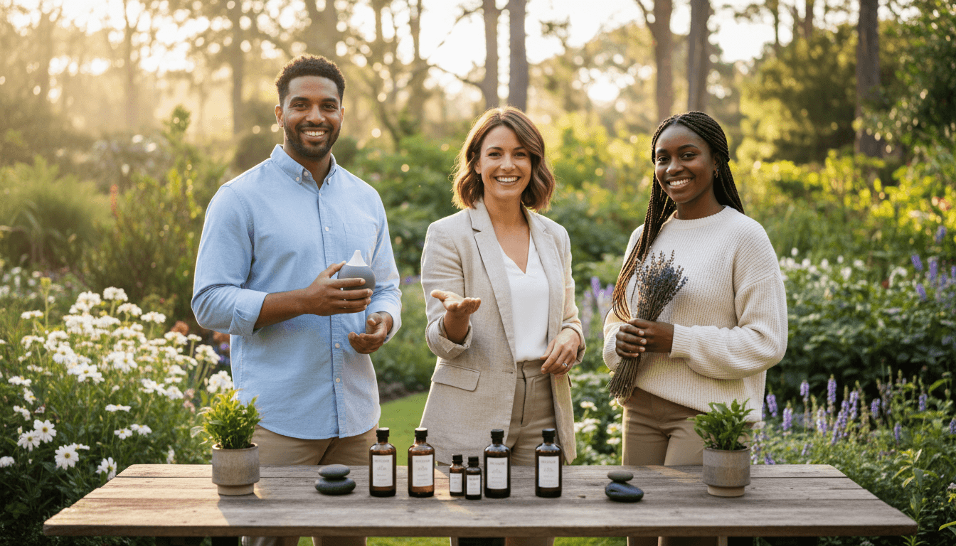 Business owner surrounded by products and essential oils in a natural setting.