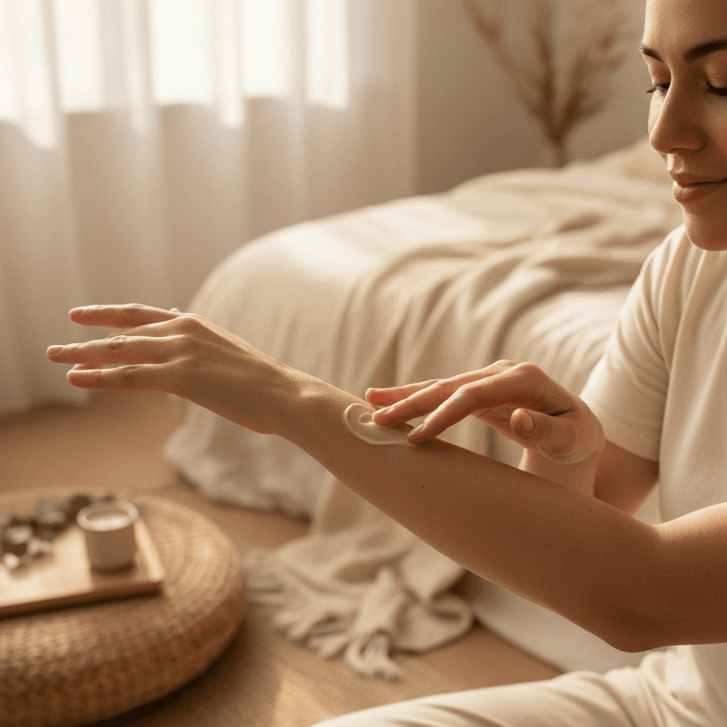 Person applying body butter during self-care ritual