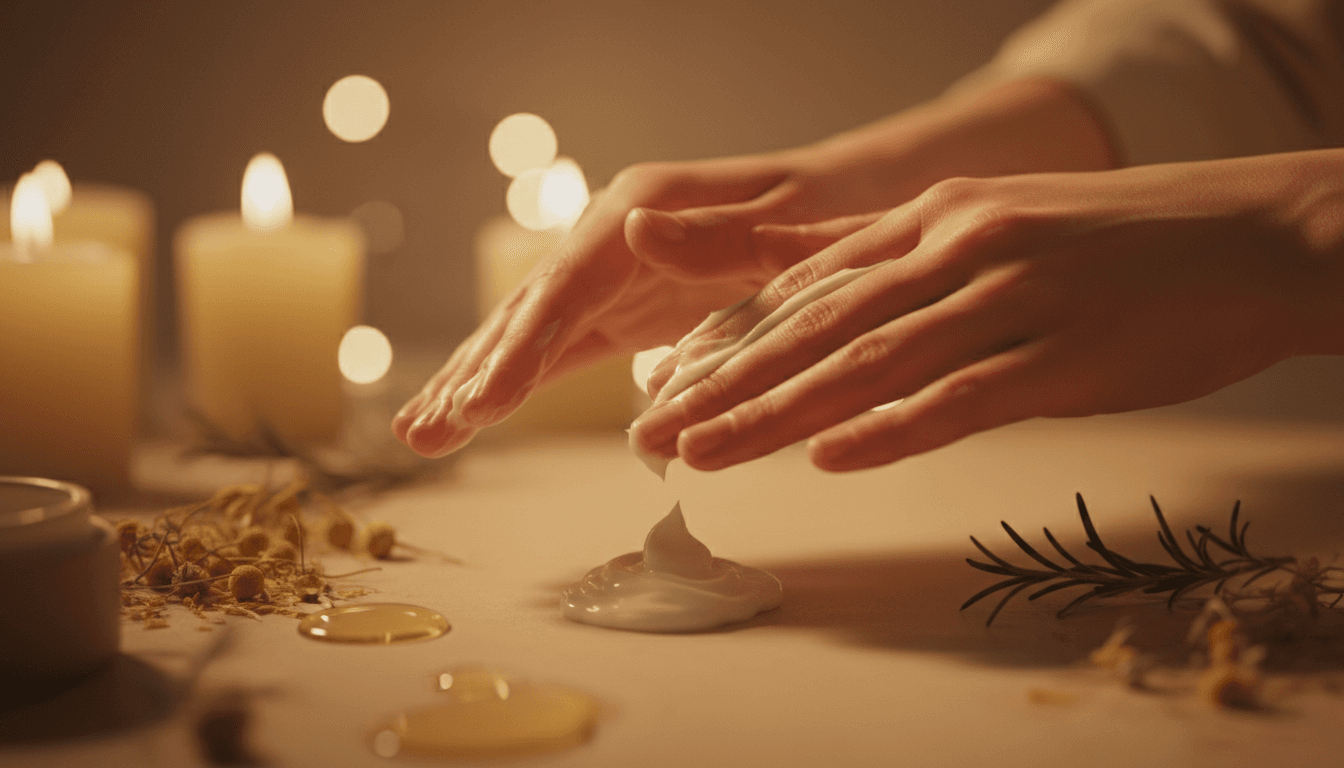 A warm, intimate candlelit aesthetic close-up shot of hands gently massaging a luxurious body butter into skin