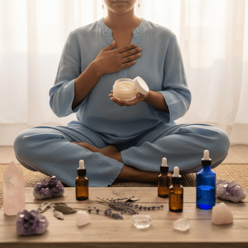 Spiritual practitioner displaying heart chakra body butter with ritual tools
