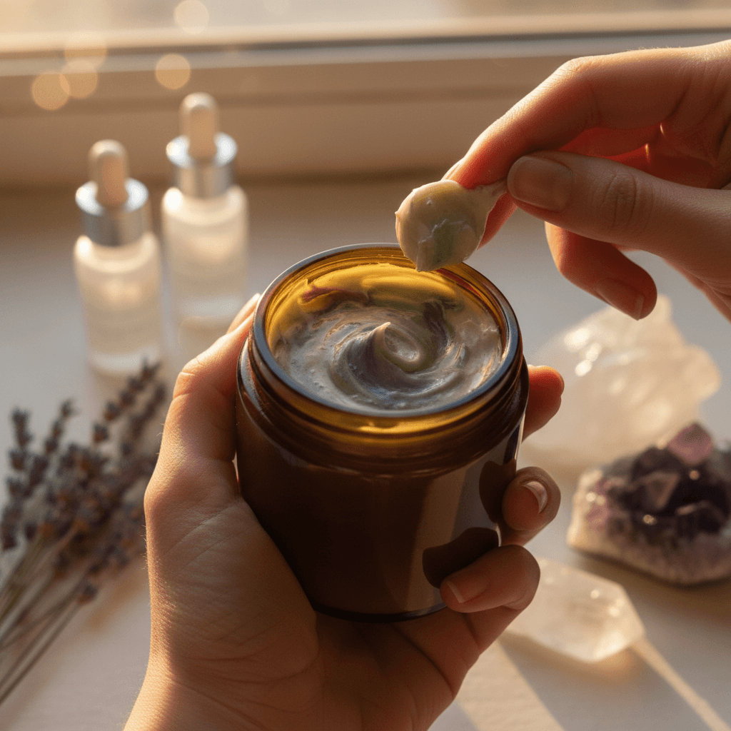 Handcrafted chakra body butter in amber jar with essential oils