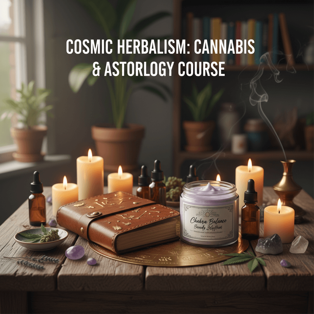 Journal and body butter in a serene Cannabis Astrology course setup