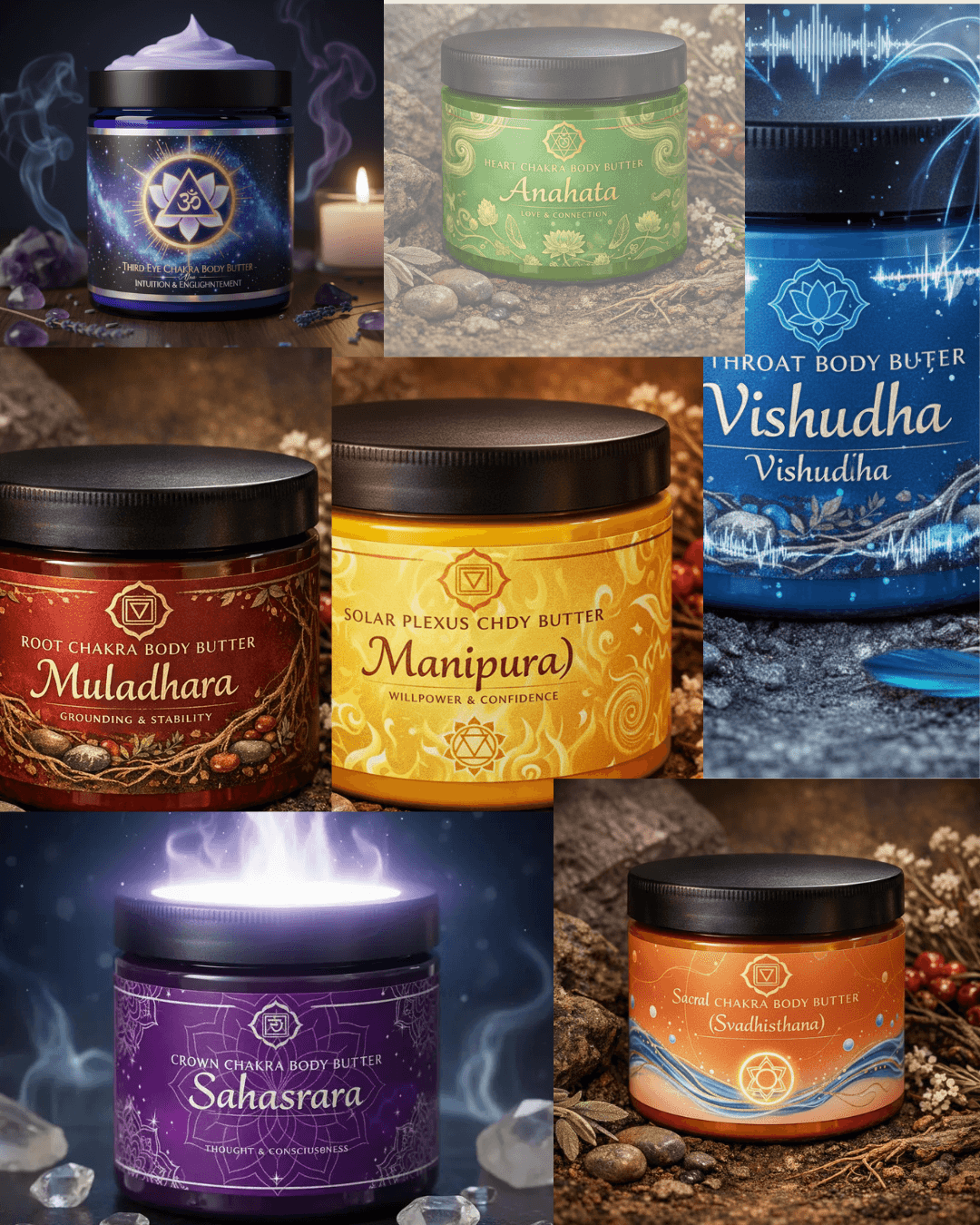 Seven colorful chakra body butter jars, each featuring unique spiritual symbols and thematic labels.